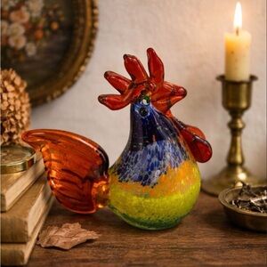 Vintage Handblown Art Glass Rooster. Colorful Murano style.